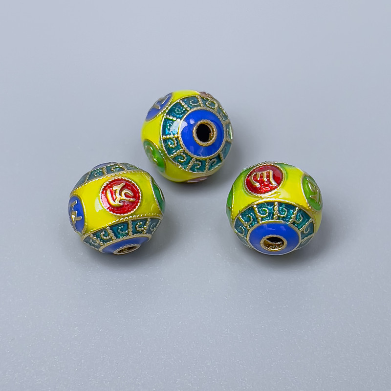 Cloisonné Bead, Cloisonné Bead in Yellow, Blue, Green, Red Enamel, Ø 10×9 mm ± hole 2 mm, metal color: golden, 1 pc