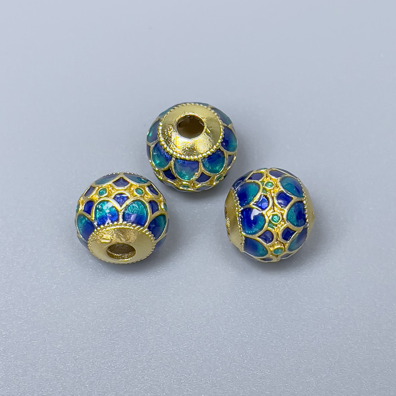 Cloisonné Bead, blue Turquoise enamel, 10x9mm +/- hole, 3mm diameter metal color gold, 1 pc