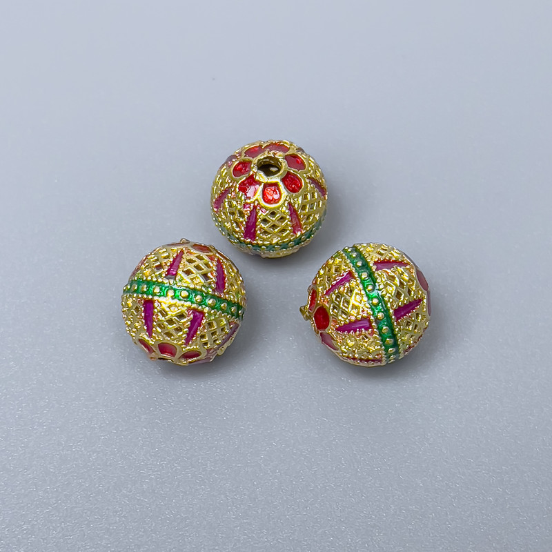 Cloisonné Bead Green-Red Raspberry Enamel, 10mm ± hole diameter 1.8mm, metal color gold-tone, 1 pc