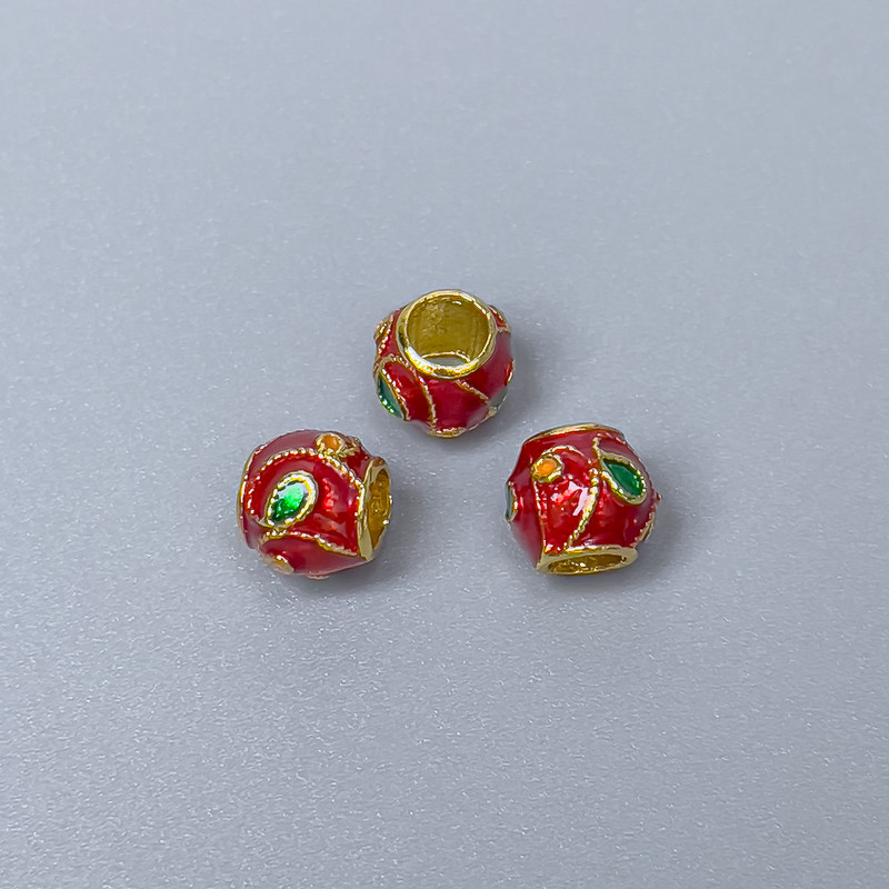 Cloisonné Bead - red and green enamel, diameter 7x7 mm ±, hole diameter ~3.8 mm, gold-toned metal
