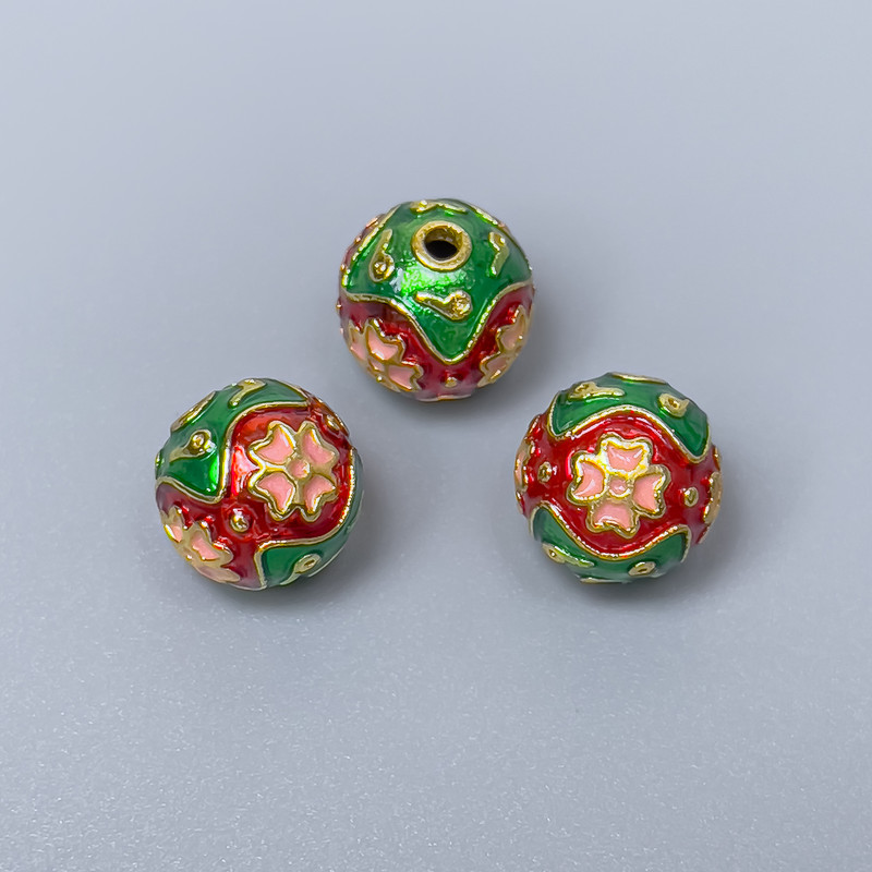Cloisonné Bead - Cloisonné Bead green, red, pink enamel, diameter 10mm±, hole 2mm, metal color gold-plated, 1 pc