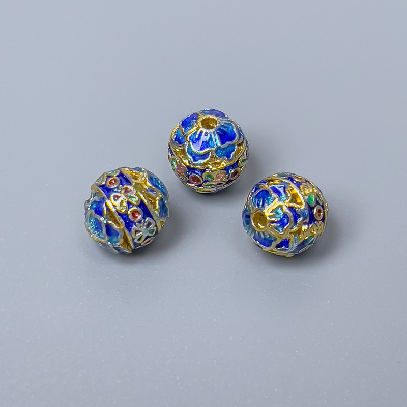 Cloisonné bead with blue enamel, diameter 8mm ±, hole diameter 1.5mm, gold metal color, 1 pc