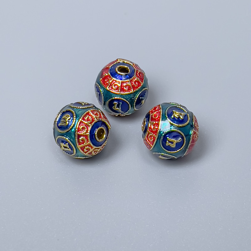 Cloisonné Bead, red turquoise blue enamel, 8mm ± hole 1.5mm, golden metal color, 1 pc