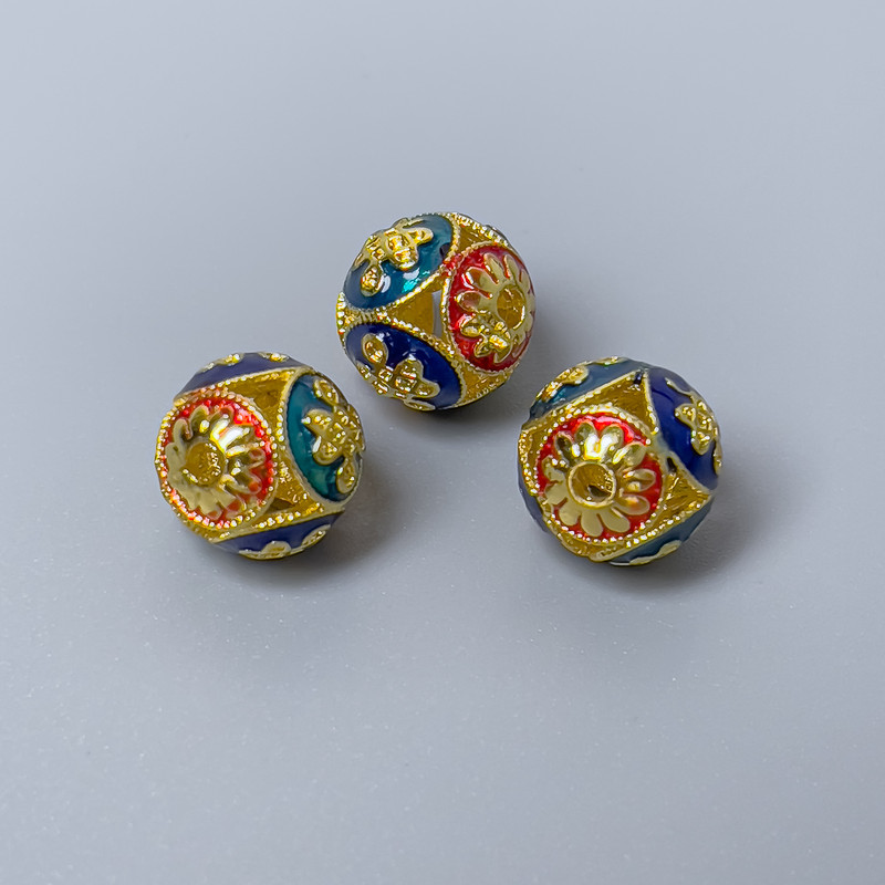 Cloisonne Bead (Cloisonné) Red Turquoise Blue Enamel, 10mm± diameter hole 1.8mm, gold-tone metal, 1 piece