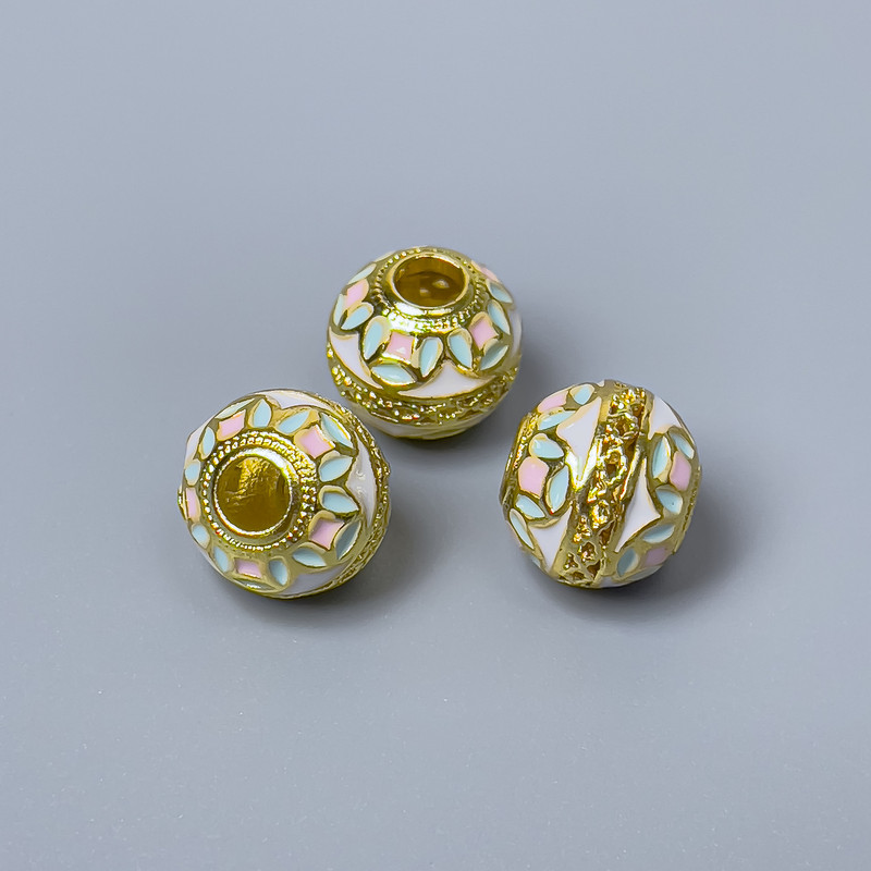 Cloisonné Bead, Pink and White Enamel, diameter 10x9mm ± hole 3.5mm, metal color gold 1 pc