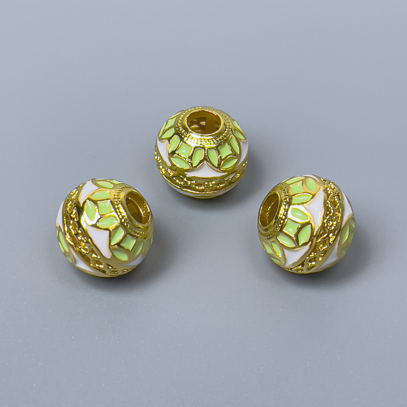Cloisonné Bead Salad Green and White Enamel, 10x9mm, hole 3.5mm, metal color gold, 1 piece