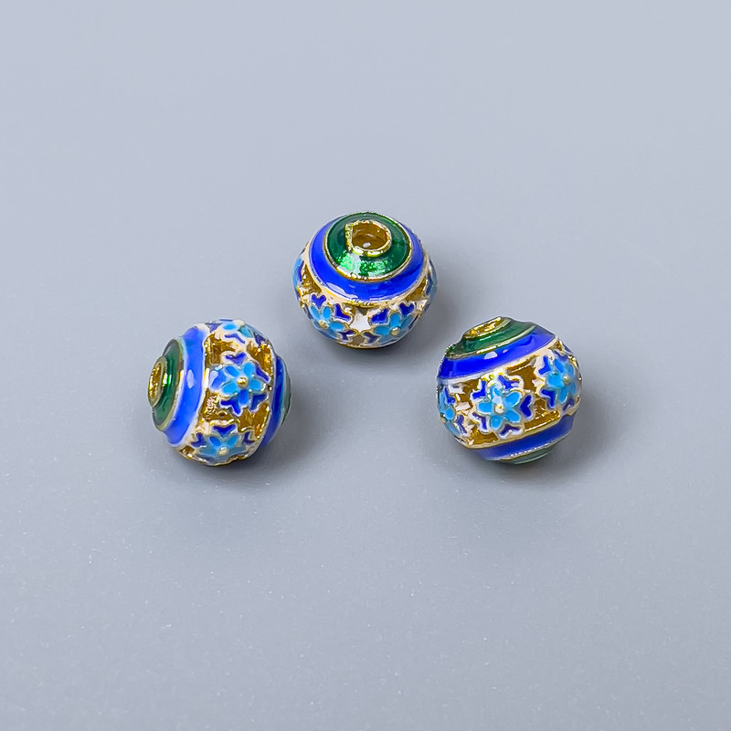 Cloisonné Bead green-blue turquoise enamel, 8mm diameter ± hole, 1.5mm hole, gold-tone metal