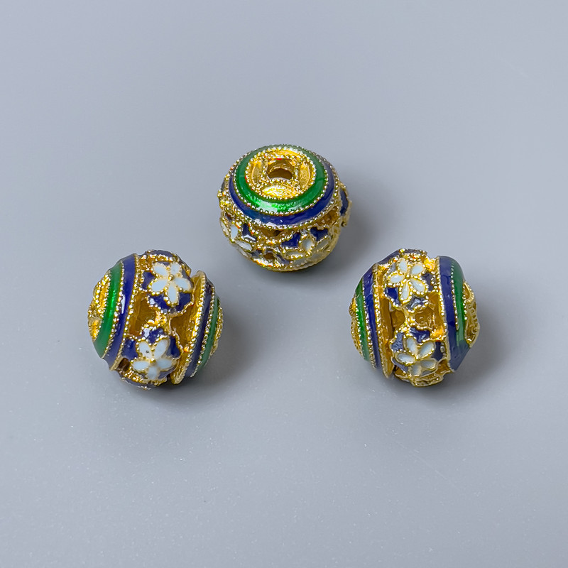 Cloisonné Bead Emerald Blue White Enamel, diameter 10mm±, hole diameter 1.8mm, metal color gold, 1 pc
