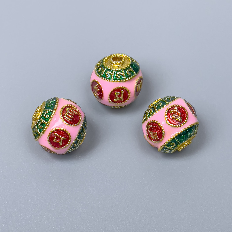 Cloisonné Bead in Red, Green, and Pink Enamel, 10mm± Hole 2mm, Gold-Toned Metal, 1 pc