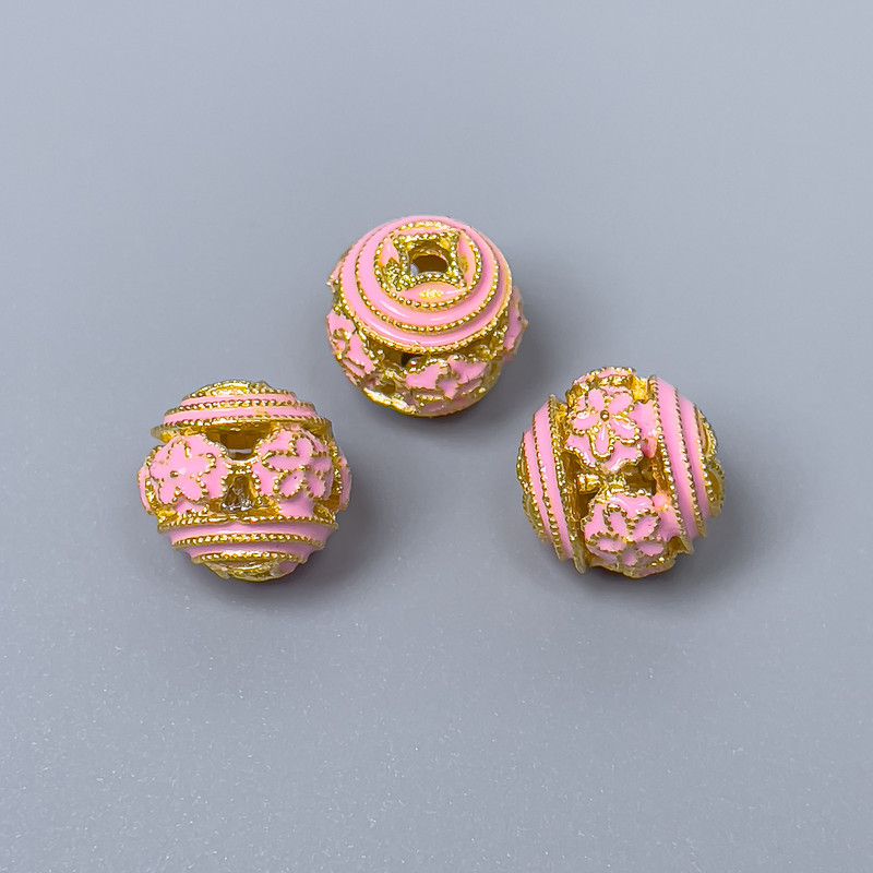 Cloisonné Bead with Pink Enamel, 10mm± diameter, hole 1.8mm, gold-tone metal