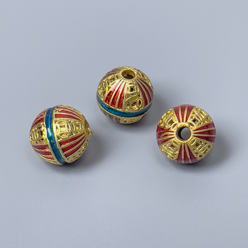 Cloisonné Bead - red turquoise enamel, diameter 10mm±, hole diameter ~2mm, gold-tone metal