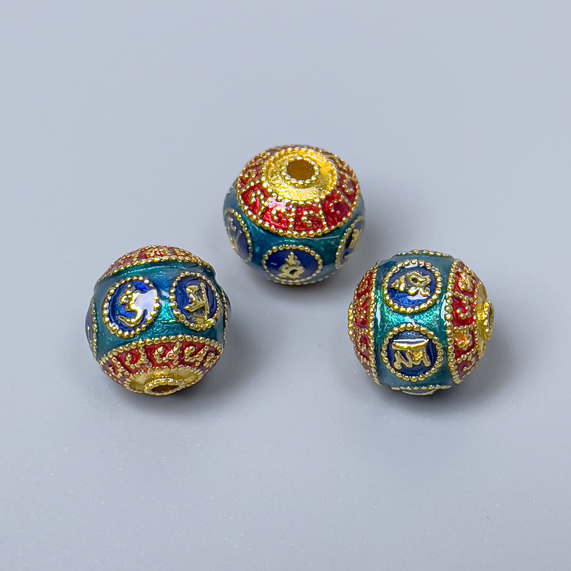 Cloisonné Bead red blue turquoise enamel, diameter 10mm±, hole 2mm, gold-toned metal color, 1 pc
