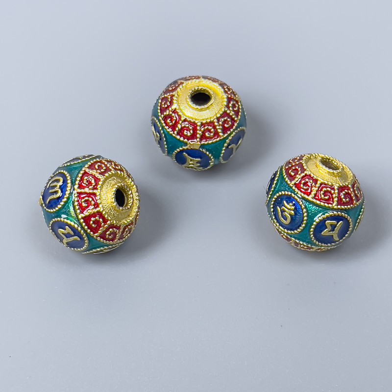 Cloisonné Bead - red, blue, turquoise enamel, 10mm diameter ± hole, metal color light gold matte finish, 1 piece