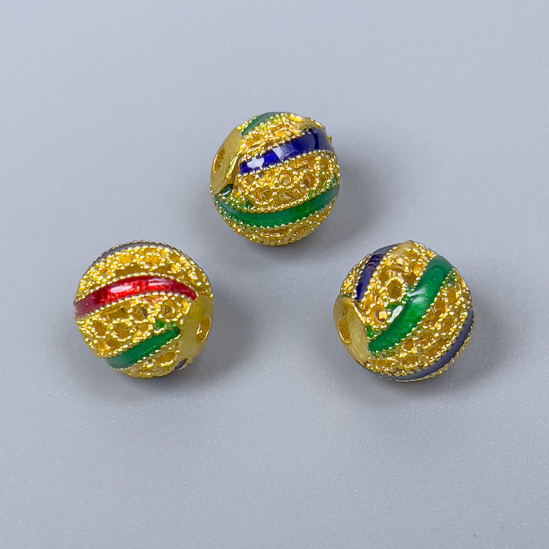 Cloisonné Bead, Cloisonné Bead in Blue, Red, and Green Enamel, 10mm +/- Hole diameter 1.8mm, Gold-tone Metal, 1 pc