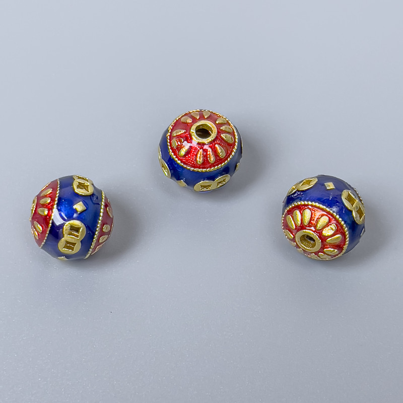 Cloisonné Bead, Cloisonné Bead Blue Red Enamel, diameter 10mm±, hole 2mm, metal color Gold-tone, 1 piece