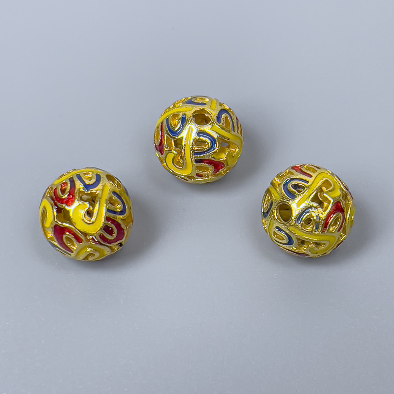 Cloisonné Bead Red Yellow Blue Enamel, Ø10mm± hole 2mm, metal color gold 1 pc