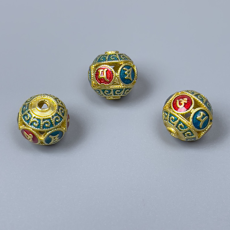 Cloisonné Bead in Red-Turquoise Enamel, 11mmØ ± hole, 2.3mm diameter, gold-tone metal, 1 pc