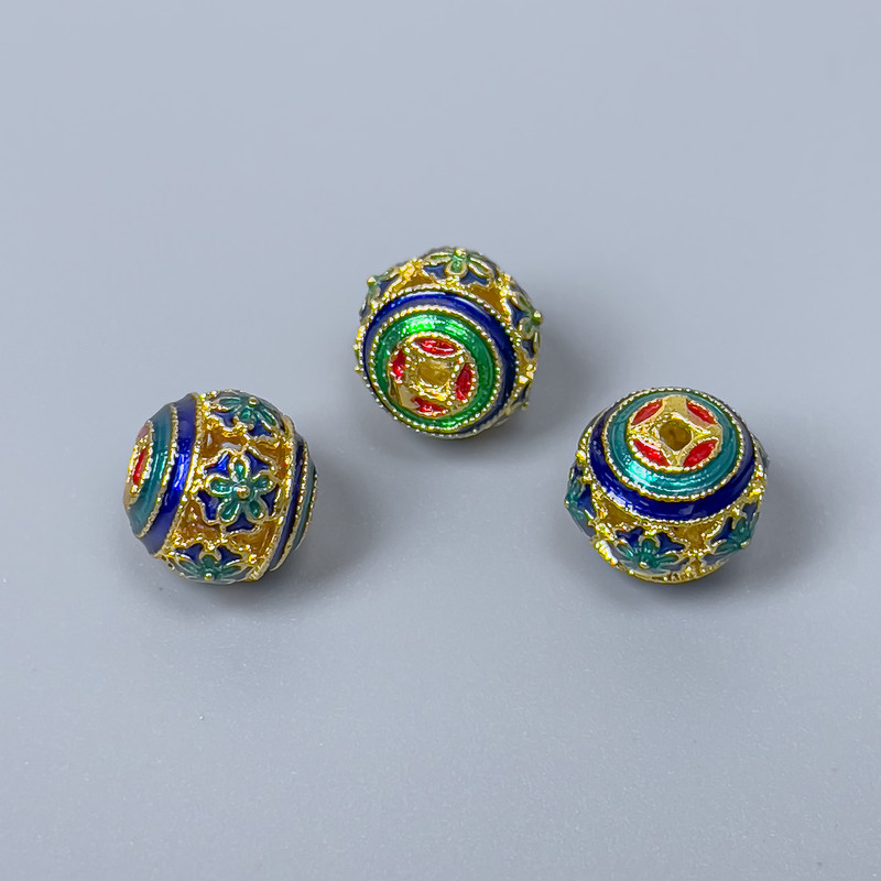 Cloisonné Bead with Enamel in blue, red, turquoise, and green, diameter 10x9 mm ± hole diameter 1.5 mm, metal color: golden, 1 pc