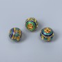 Cloisonné Bead with Enamel in blue, red, turquoise, and green, diameter 10x9 mm ± hole diameter 1.5 mm, metal color: golden, 1 pc