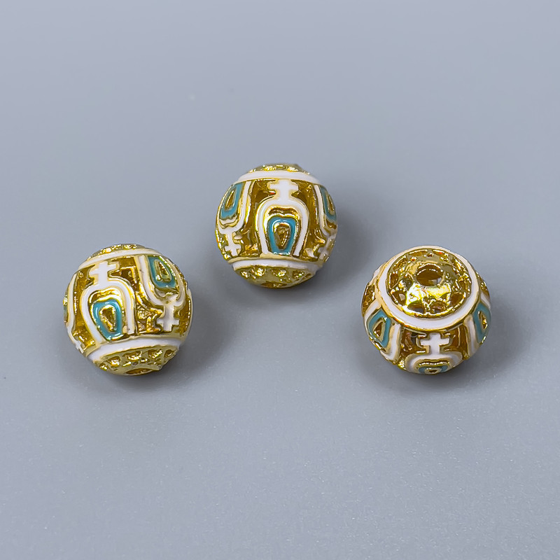 Cloisonné Bead White-Blue Enamel, 10mm± Diameter, 1.8mm Hole, Gold-Tone Metal
