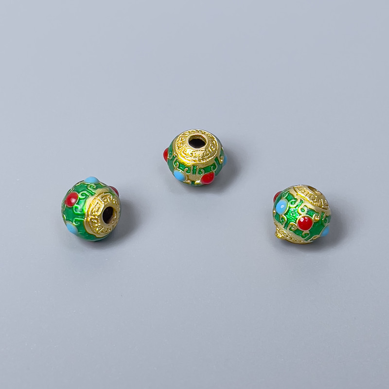 Cloisonné Bead Green-Red Enamel, Ø 8×7 mm ± hole, metal color gold-tone, 1 pc