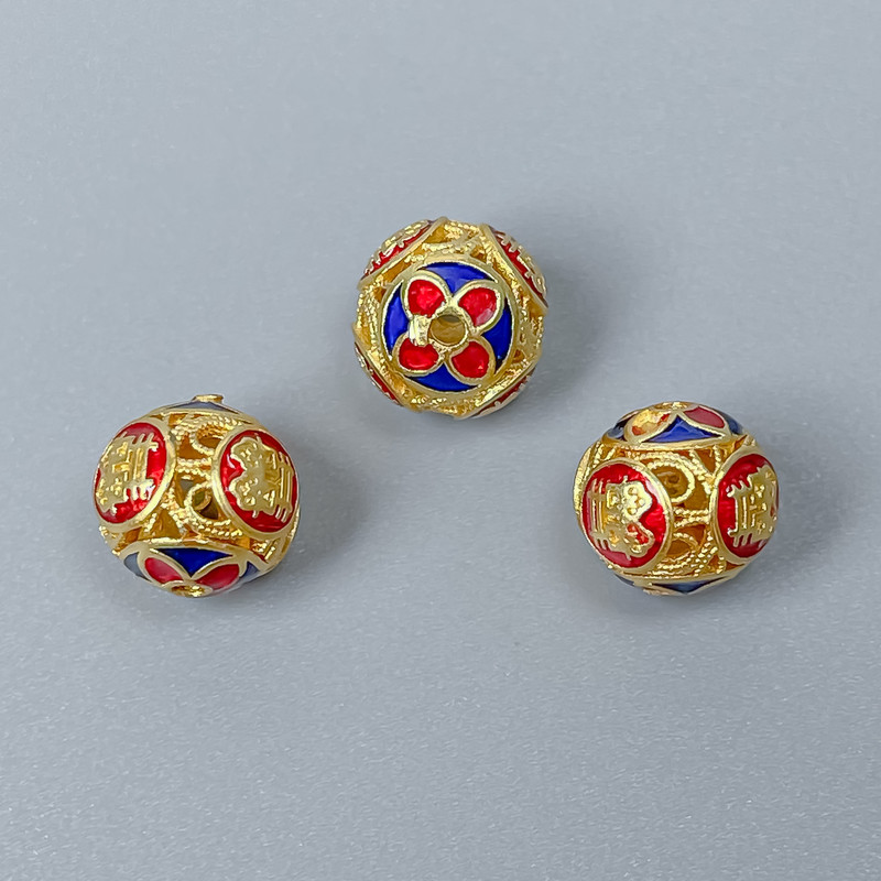 Cloisonné Bead - Cloisonné Bead in Blue and Red Enamel, 10mm± Diameter, 1.5mm Hole, Gold-T colored Metal (1 pc)