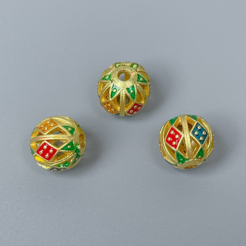 Cloisonné Bead – Cloisonné Bead blue, red, and green enamel, 10 mm diameter ±, hole 2 mm, gold-tone metal