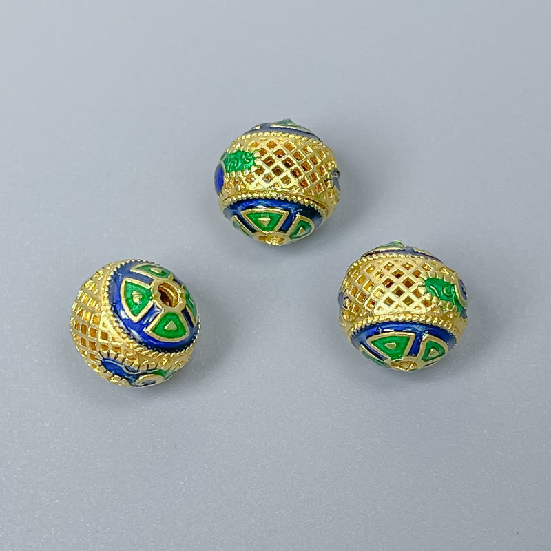 Clausonne Bead, Cloisonné blue-green enamel, 10mm± diameter, 2mm hole, gold-tone metal color, 1 pc