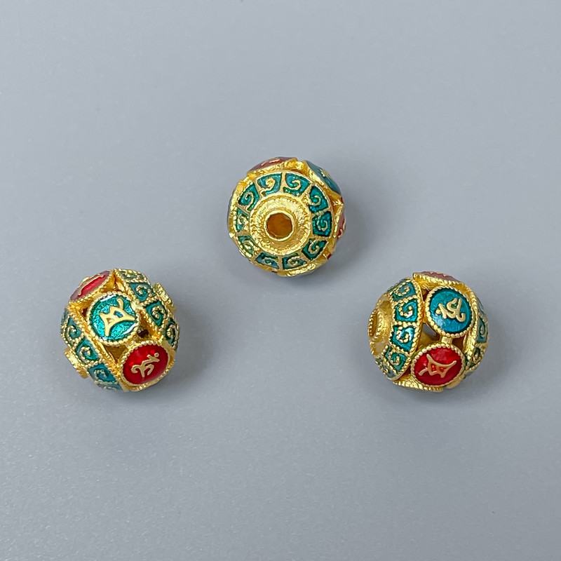 Cloisonné Bead Turquoise-Red with Enamel, 10mm± diameter, hole 1.8mm, light golden metal color, 1 pc