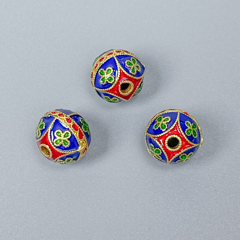 Cloisonné Bead blue red enamel, diameter 10 mm±, hole diameter 2 mm, metal color golden, 1 pc
