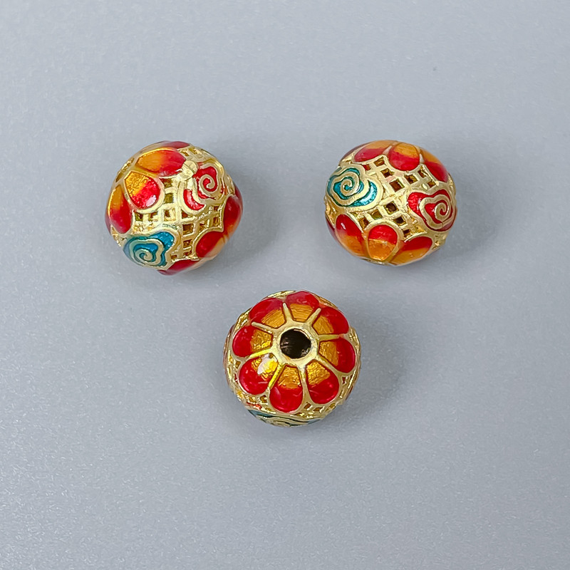 Cloisonné Bead with Red, Green, and Yellow Enamel, 10x9.5mm ± hole 2mm, metal color with gold tone, 1 pc