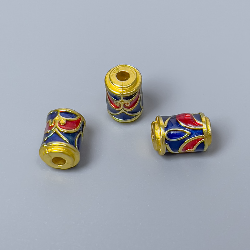Cloisonné Bead Cylinder Blue-Red Enamel, diameter 6×8 mm ± hole 2 mm, metal base gold color, 1 pc