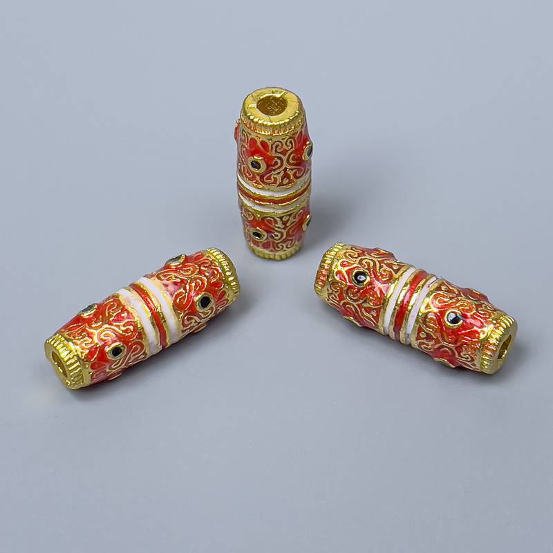 Cloisonné Bead, Cylindrical, Red, White, Black Enamel, Gold-Tone Metal, Ø 6×17 mm ±, Hole Ø 2.5 mm, 1 pc