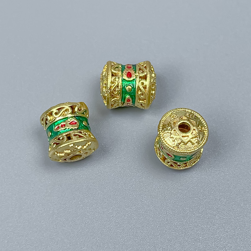 Cloisonné Bead Cylindrical Green-Red Enamel, 8x10mm+ hole, 2mm diameter metal color gold, 1 pc
