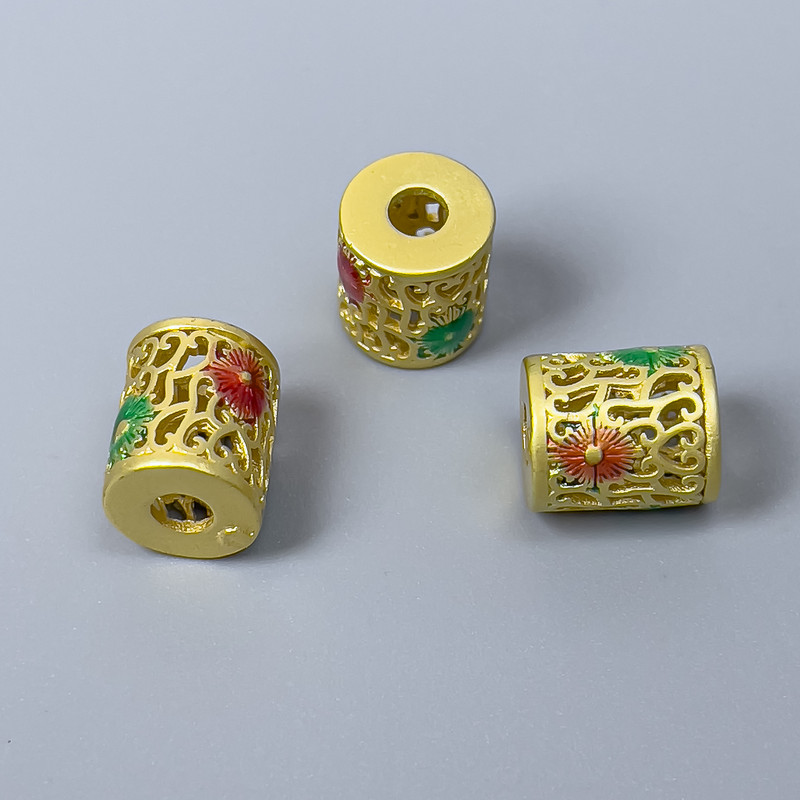 Cloisonné Bead Cylinder Red Green Enamel, diameter 9x10mm±, hole 3mm, metal color gold-tone 1 pc