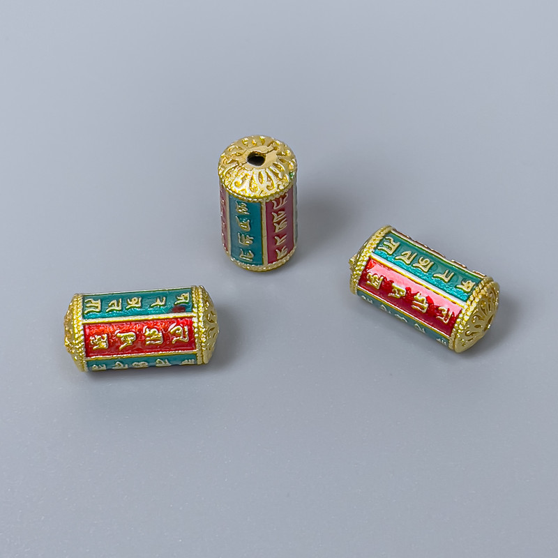 Cloisonné Bead - Cylindrical, Green-Red Enamel, 7x14mm± hole 1.5mm, Gold-toned metal, 1 pc