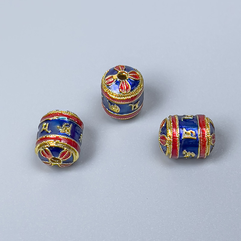 Cloisonné Bead Cylinder Blue Red Enamel, hole 1mm, diameter 8×10mm, golden metal color, 1 pc