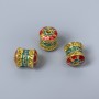 Cloisonné Bead Cylinder, green and red enamel, diameter 8x10mm ±, hole diameter 1.8mm, gold-tone metal