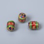 Cloisonné Bead, cylindrical blue red green enamel, 8x10 mm ± hole 1 mm, gold-colored metal