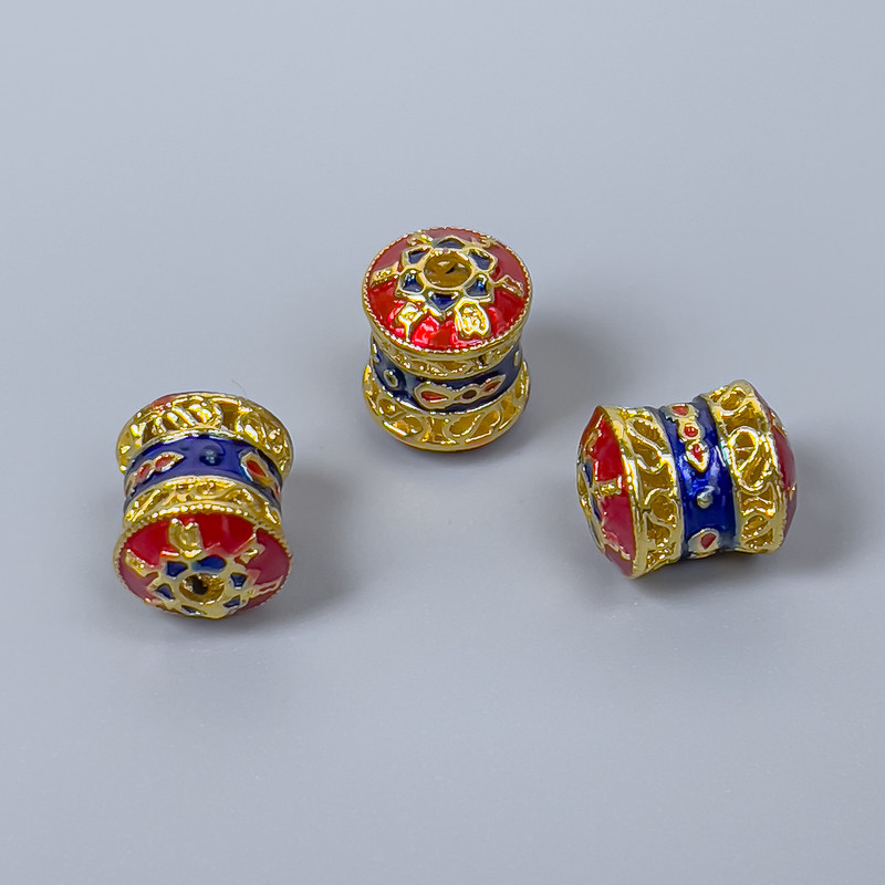 Cloisonné Bead - Cylindrical, blue and red enamel, hole diameter 1.8 mm, brass color metal, 1 pc