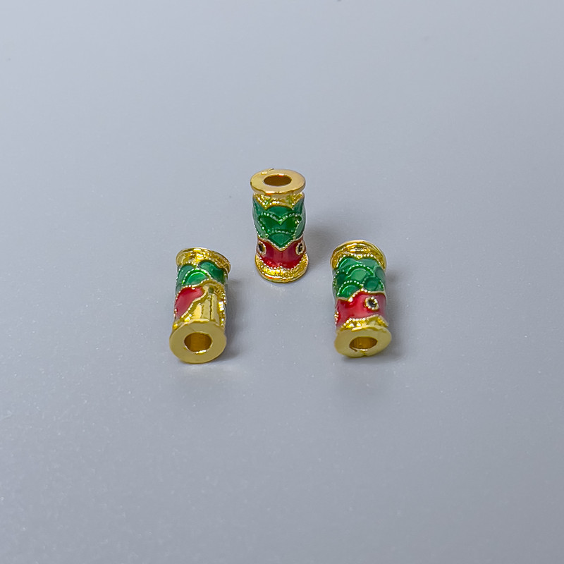 Cloisonné Bead Cylindrical Fish Motif Red-Green Enamel, hole 2mm, diameter 4×9mm, gold-colored metal, 1 pc