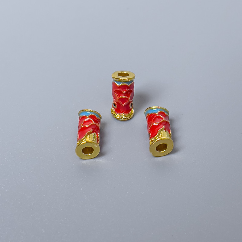 Cloisonné Bead Cylindrical Fish Motif Red-Green Enamel, 4x9mm hole 2mm, gold-tone metal, 1 pc