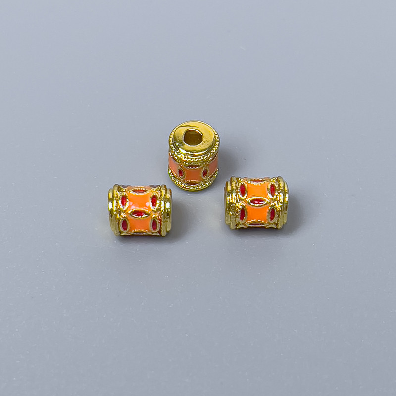 Cloisonné Bead Cylinder Orange-Red, Orange-Red enamel, diameter 5×6mm±, hole diameter 1.5mm, gold-tone metal color, 1 pc