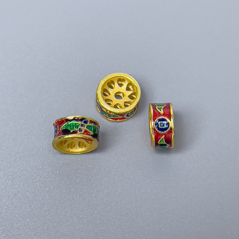 Cloisonné Bead Rondelle Red Green Blue Enamel, 8x4mm± hole diameter 1mm, metal color gold-tone, 1 pc