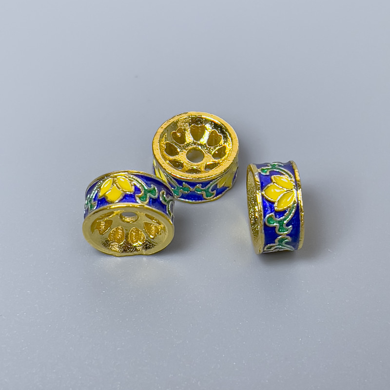 Cloisonné Bead Rondel Blue Yellow Green Enamel, 10x5mm+ hole 2mm, gold-tone metal, 1 pc