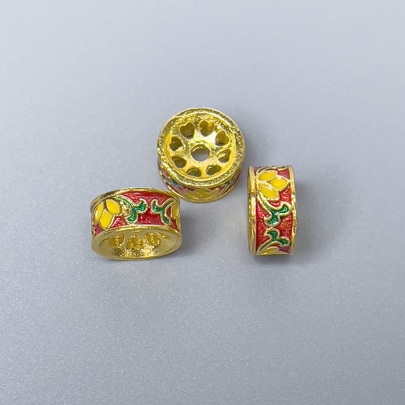 Cloisonné Bead Rondelle, red yellow green enamel, diameter 10x5mm±, hole diameter 2mm, gold-toned metal, 1 pc