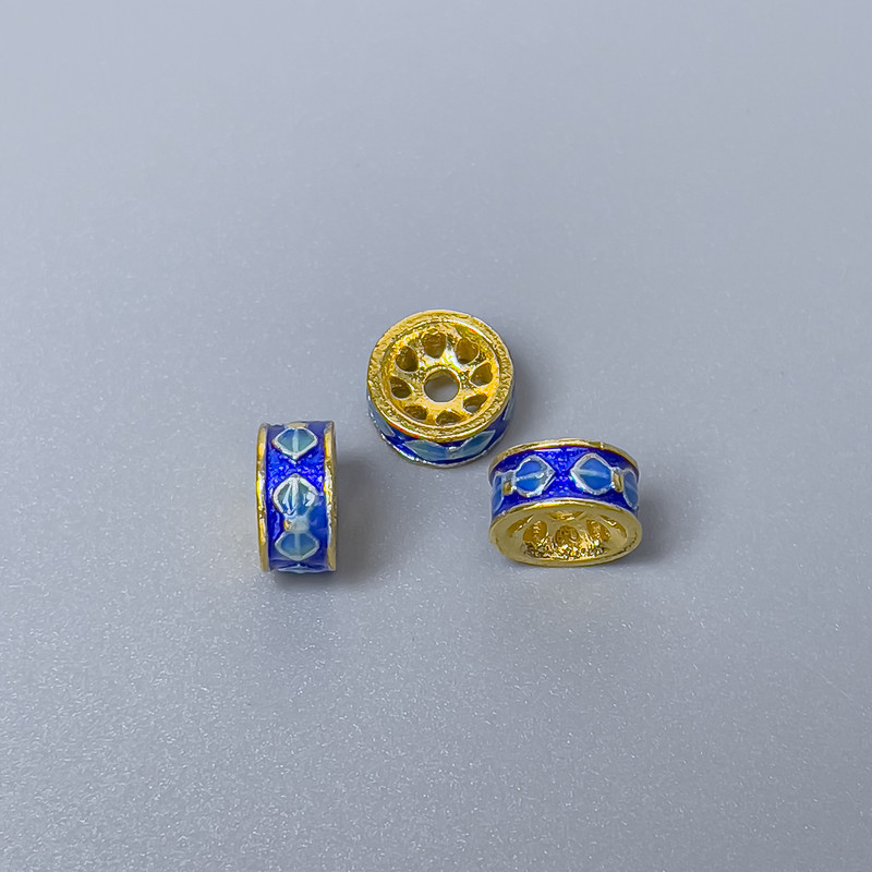 Cloisonné Bead Rondelle, blue blue enamel, 8x4 mm, ± hole, gold-colored metal, 1 pc