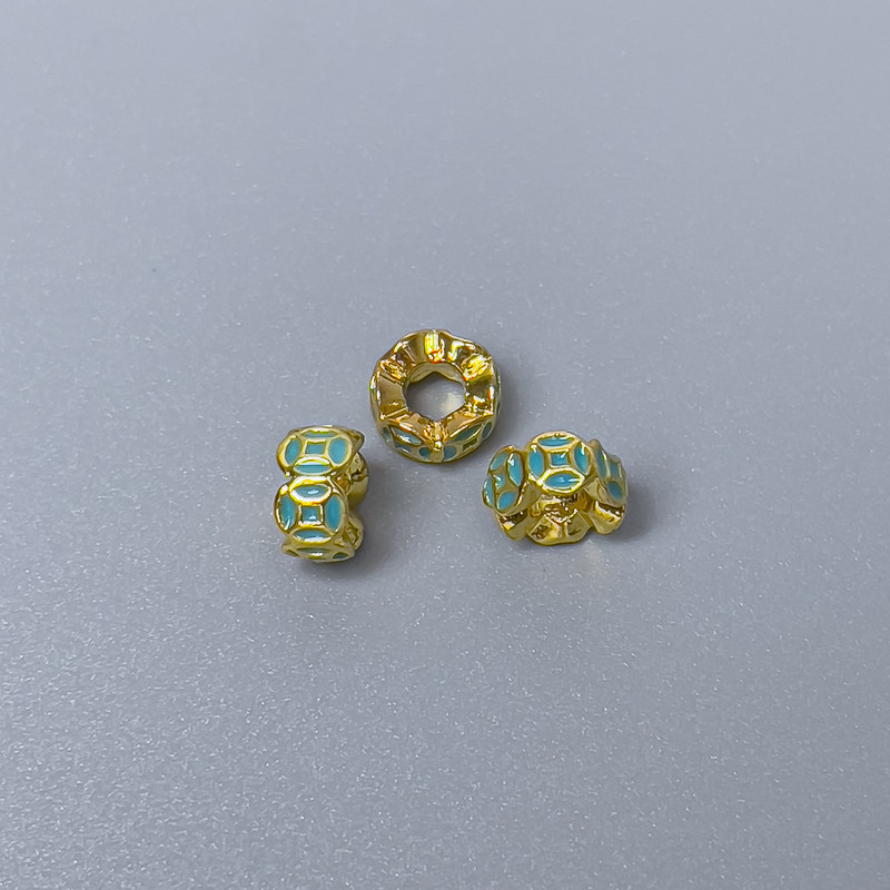 Cloisonné Bead Rondelle Green Enamel, 6x3 mm ± hole 2.8 mm, gold-tone metal, 1 pc