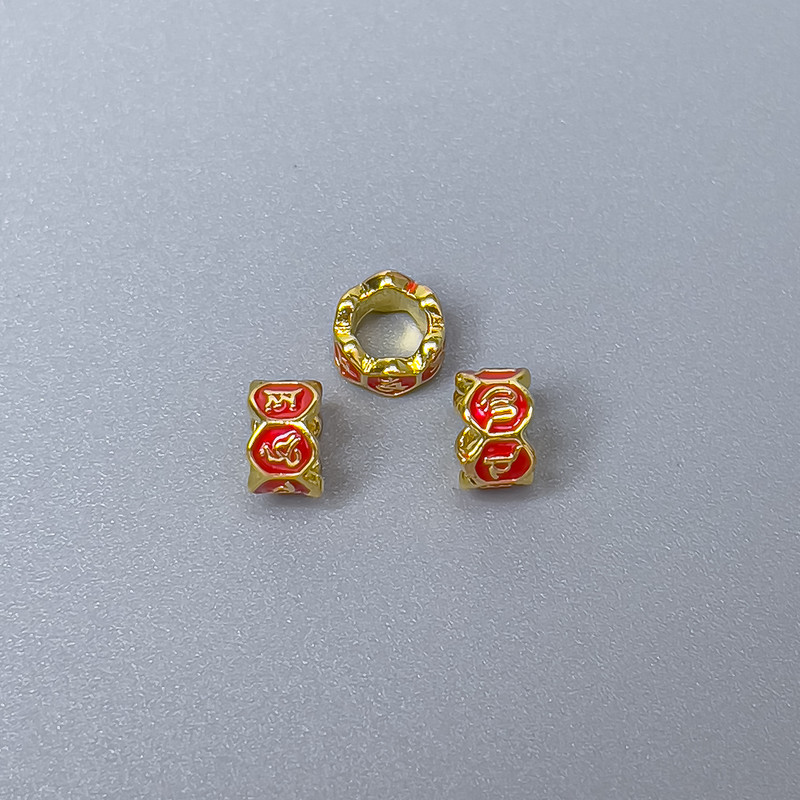 Cloisonné Bead Rondelle Red Enamel, hole 3.5 mm, diameter 5.5x3.5 mm, gold-tone metal, 1 pc