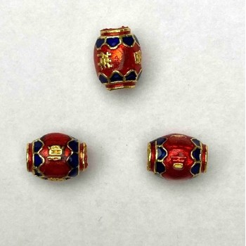 Cloisonné bead barrel red-blue enamel, diameter 8×10 mm ± hole diameter, 1.8 mm golden metal color 1 pc